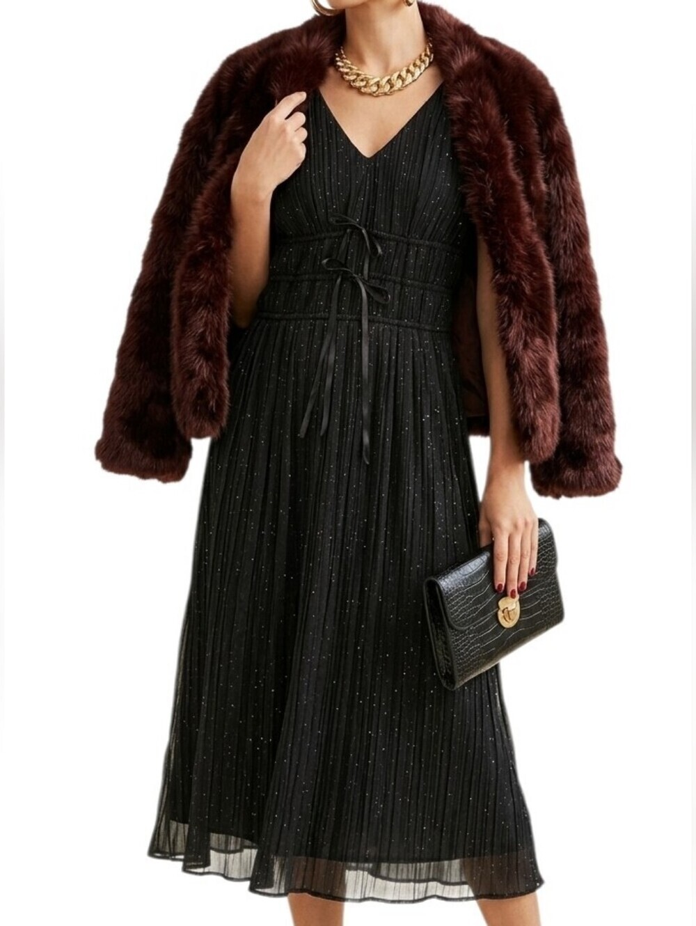 Vintage Rabbit Rabbit Designs Sparkly Black Pleated Midi Dress Size 10